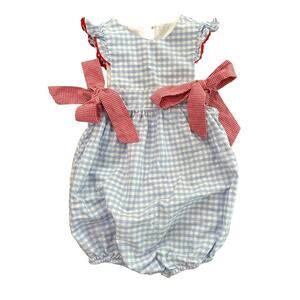 Classic Whimsy Blue/White Gingham Red Ribbon Bloomer One Piece 3t Bows🎀